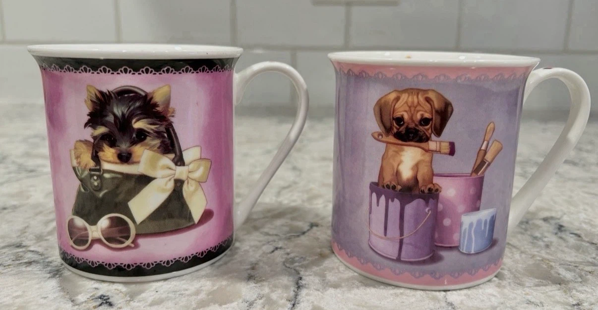 London Home Fine China Pink Puppy Coffee Cups (Set of 2)