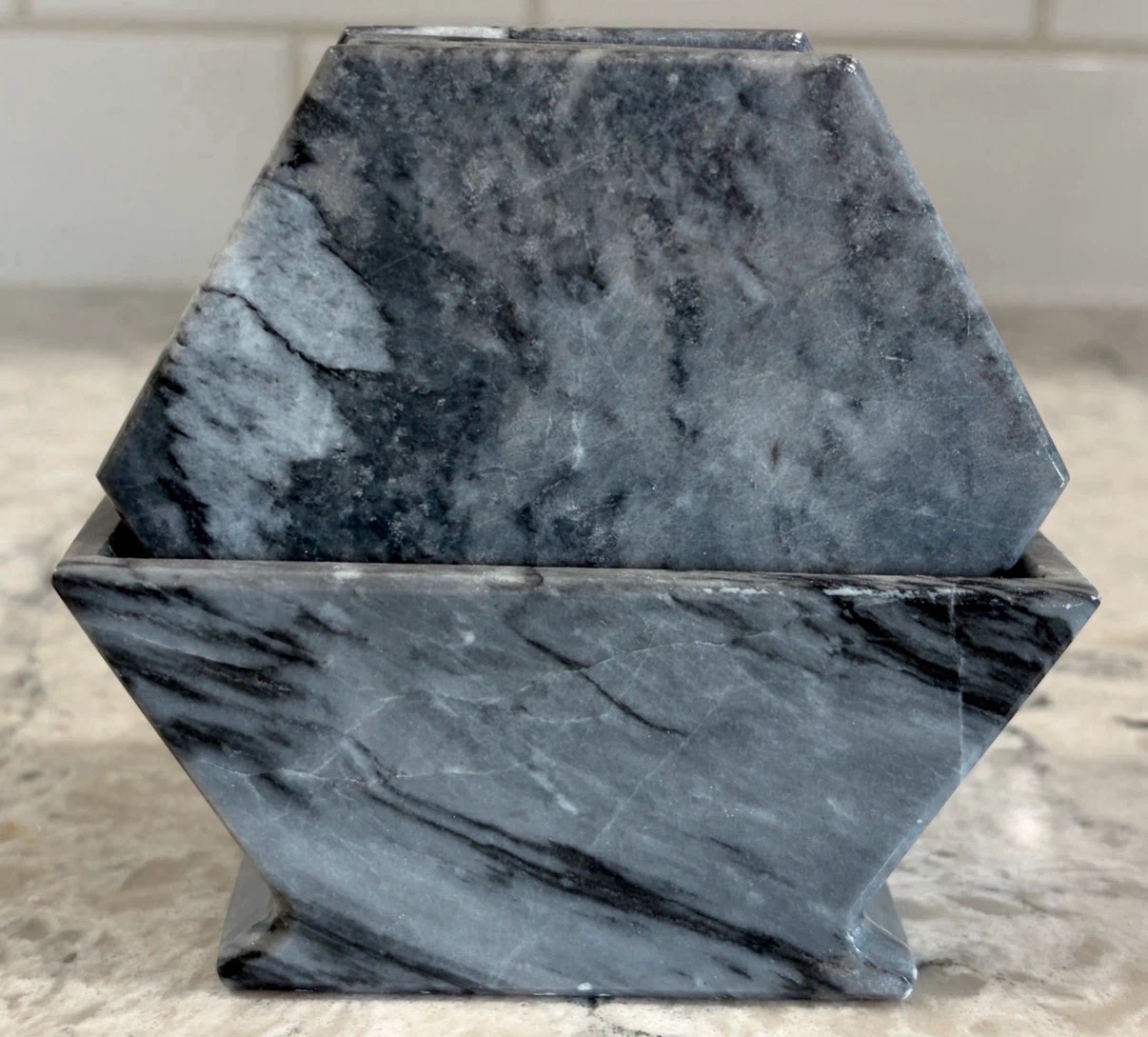 6 Grey Marble/Stone Hexagon Coasters w/ Holder
