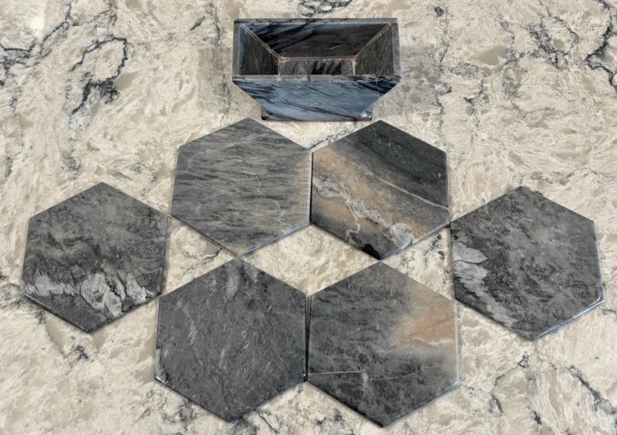6 Grey Marble/Stone Hexagon Coasters w/ Holder - photo 3