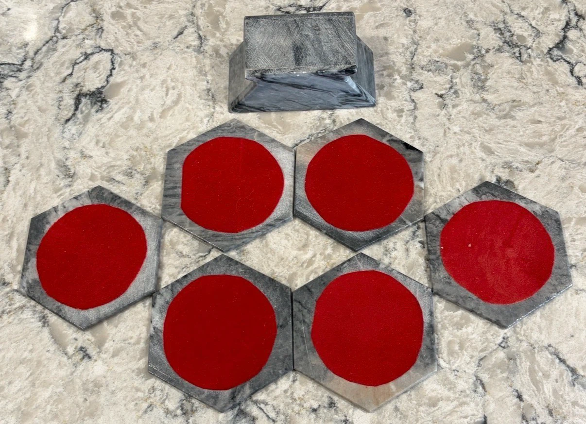 6 Grey Marble/Stone Hexagon Coasters w/ Holder - photo 4