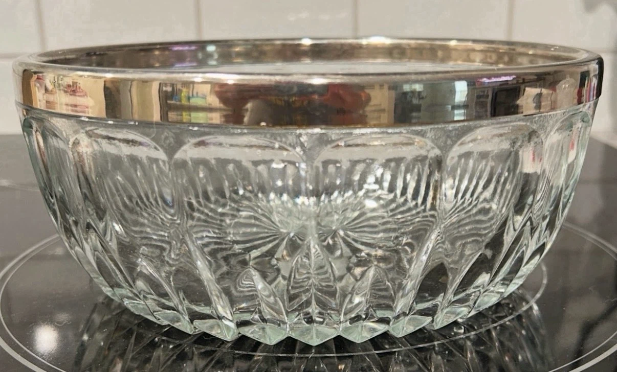 Vintage Cut Crystal Glass Serving Bowl w/ Silver Plated Rim
