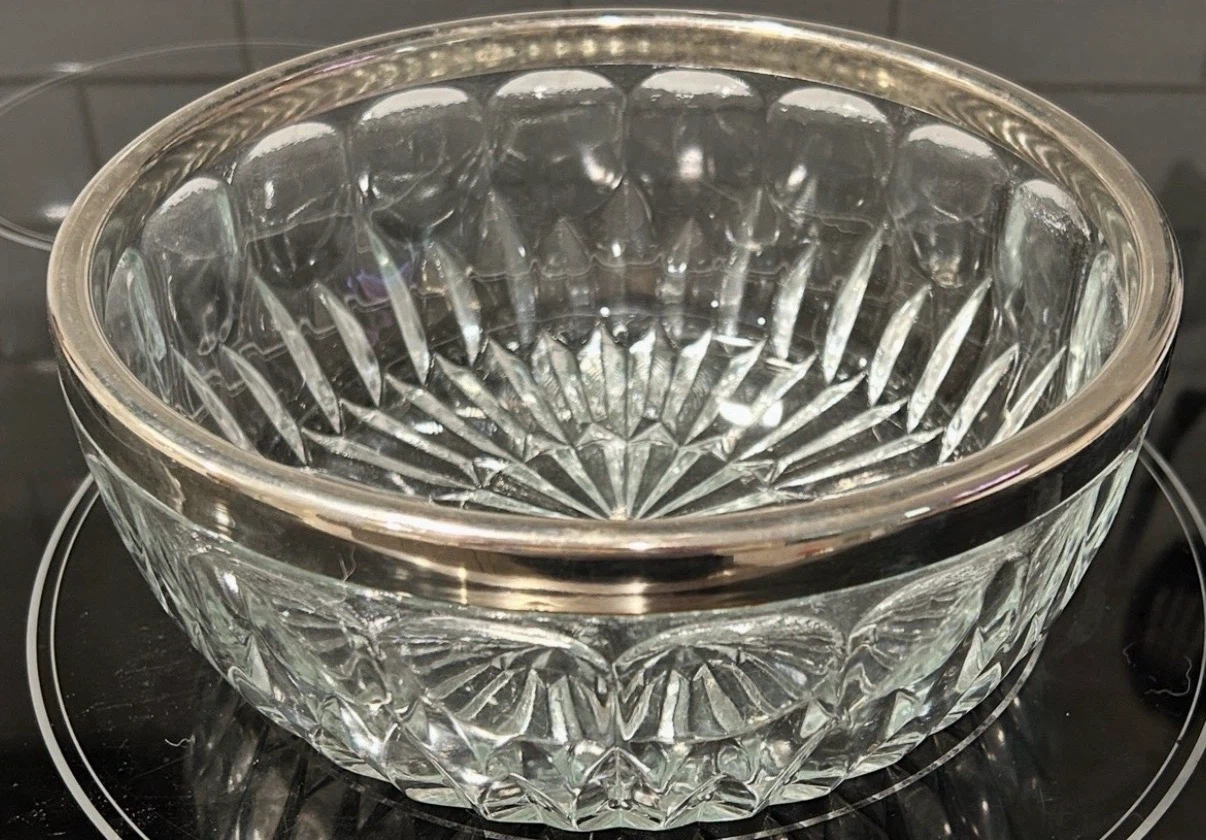 Vintage Cut Crystal Glass Serving Bowl w/ Silver Plated Rim - photo 2