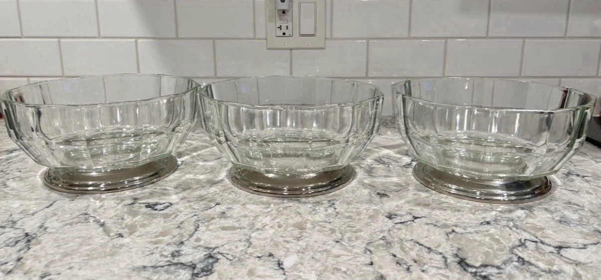 3 Vintage Cut Glass Serving Bowls w/ Silver Plated Bases