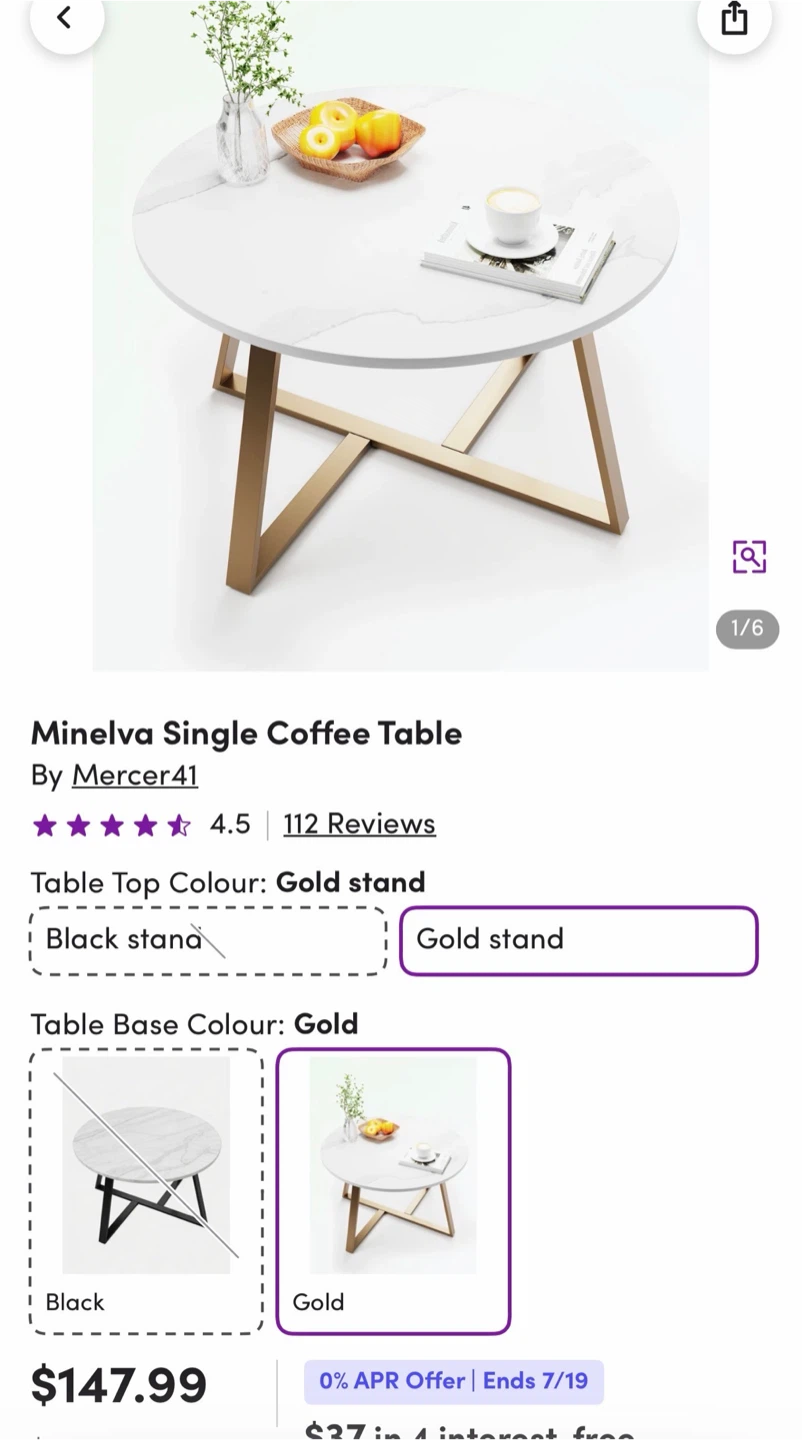 Minelva Single Coffee Table - Gold Stand
