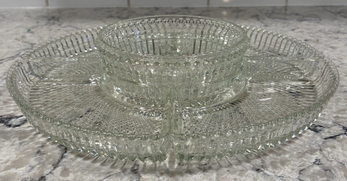 Pressed Glass Relish Tray Set w/ Center Dip Bowl – 5 Piece - photo 2