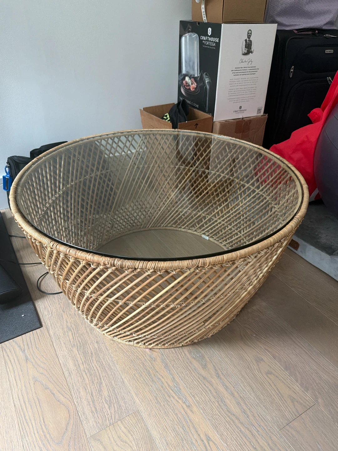 Article - Woven Rattan Coffee Table with Glass Top