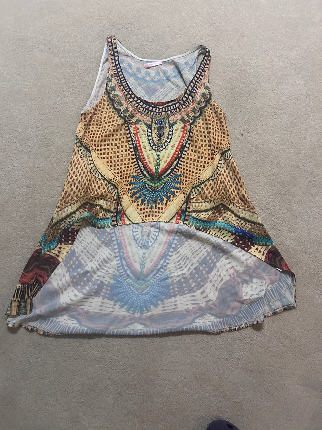 Boho Beaded High-Low Tank Top in Mustard & Multicolor Size L - photo 2