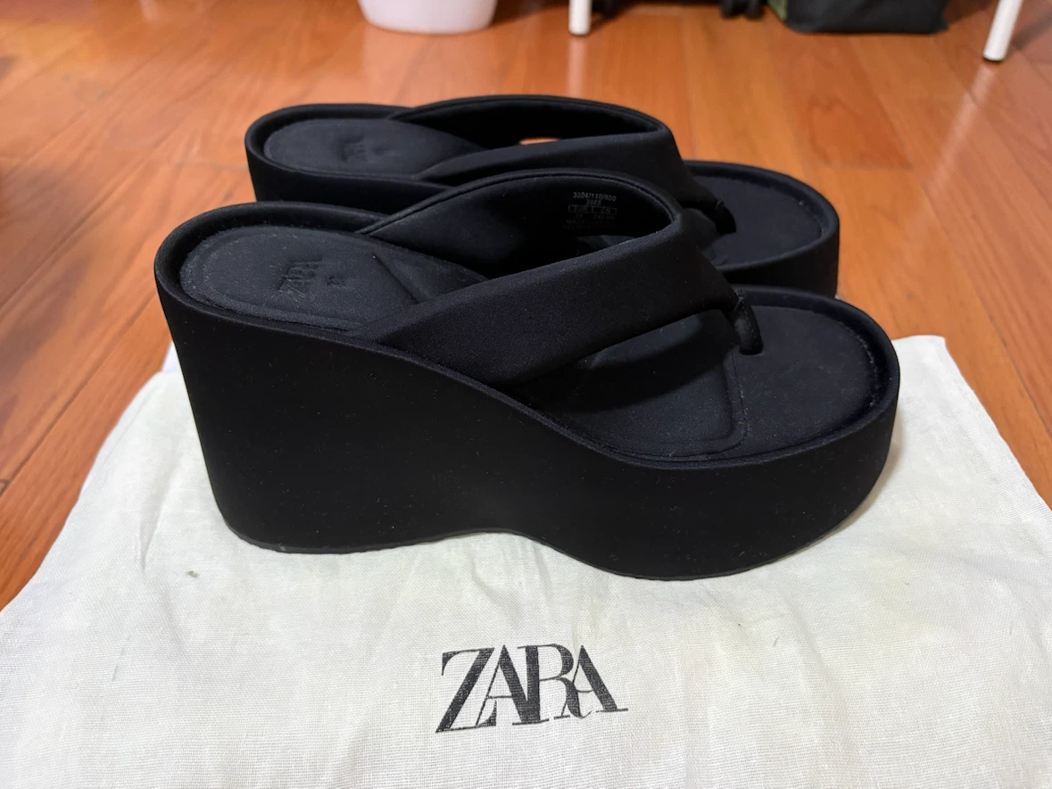 Zara Wedge Flip Flop Sandals Black Size 38 - photo 2