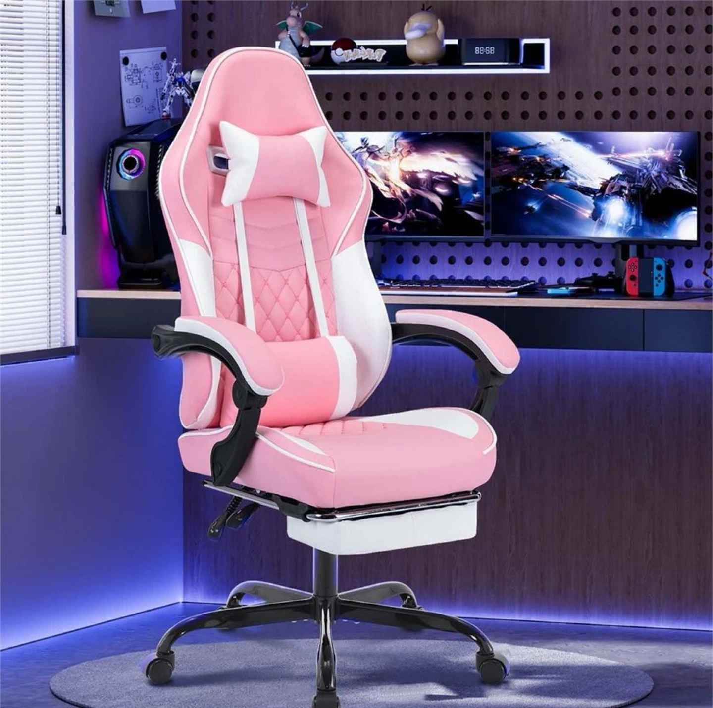 Pink Gaming Chair with Footrest