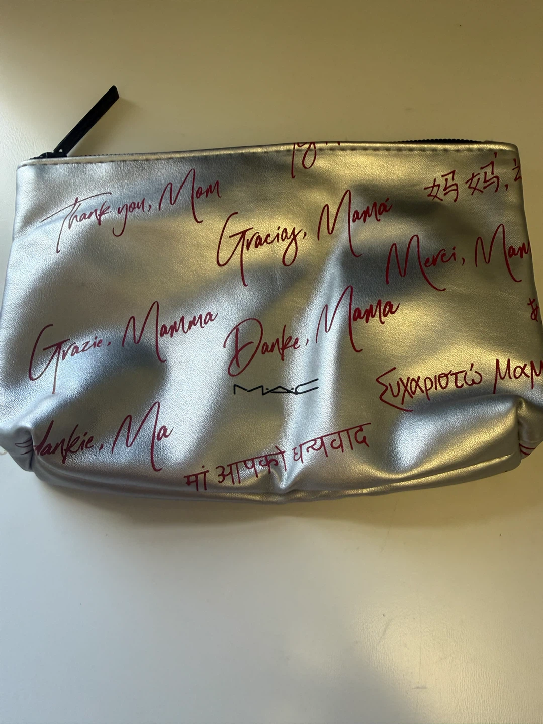 MAC Cosmetics Pouch - Silver Multi-Language 'Mom' Theme