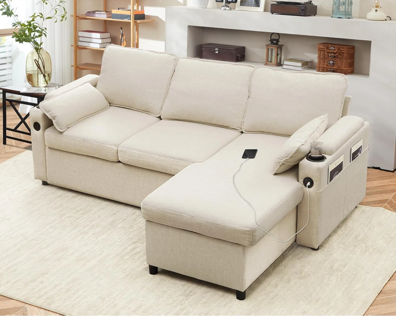 Cream Sectional Sofa with USB Charger and Storage