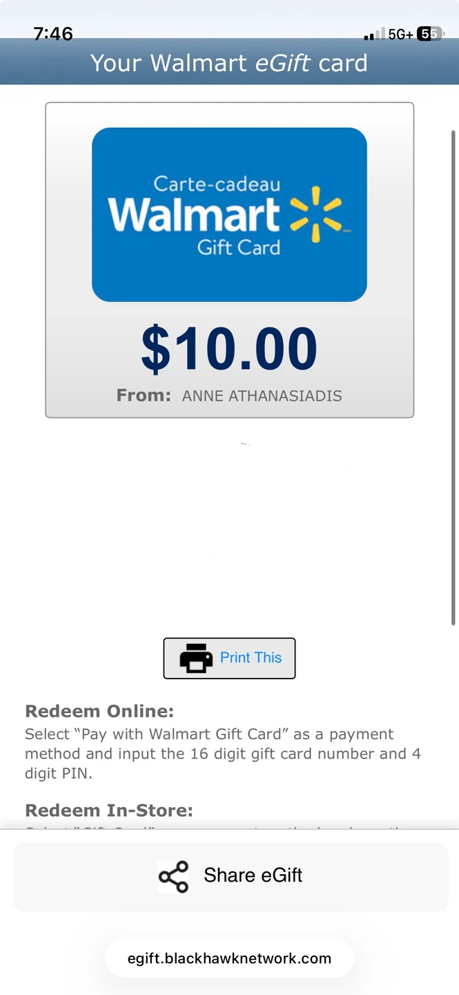 $10 Walmart eGift Card