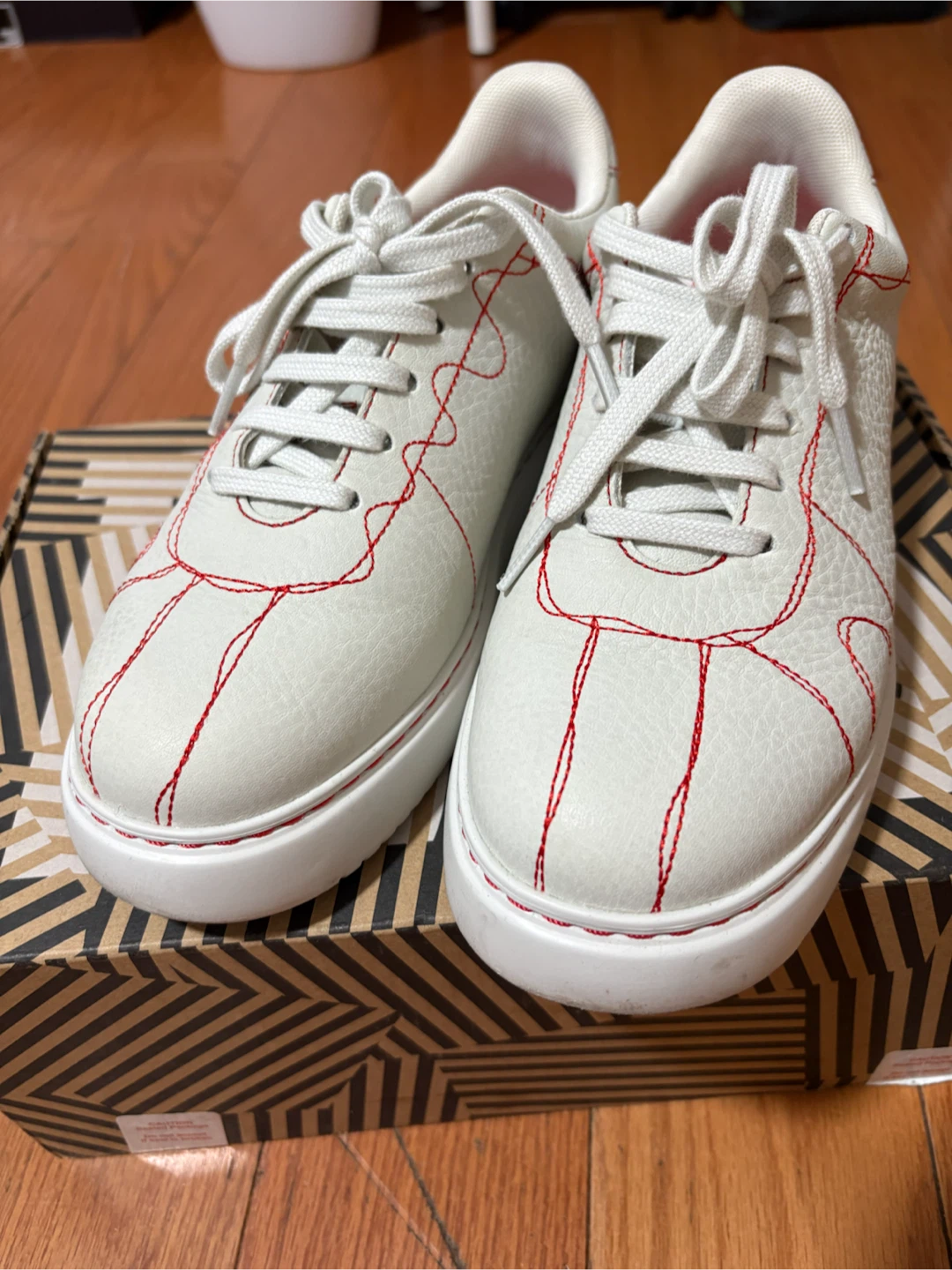 Camper White Leather Sneakers with Red Stitching