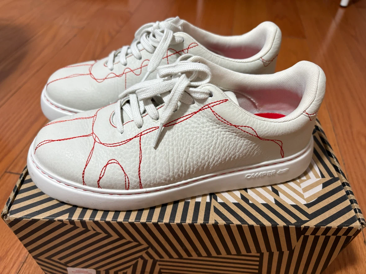 Camper White Leather Sneakers with Red Stitching - photo 2