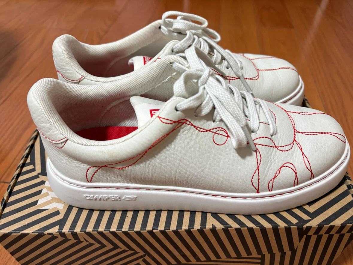 Camper White Leather Sneakers with Red Stitching - photo 3