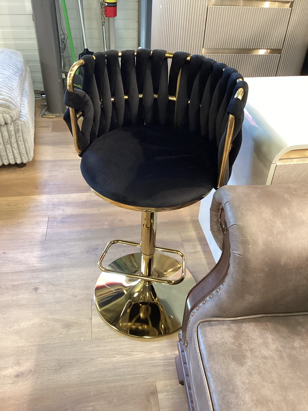 Black Velvet Bar Stool with Gold Accents