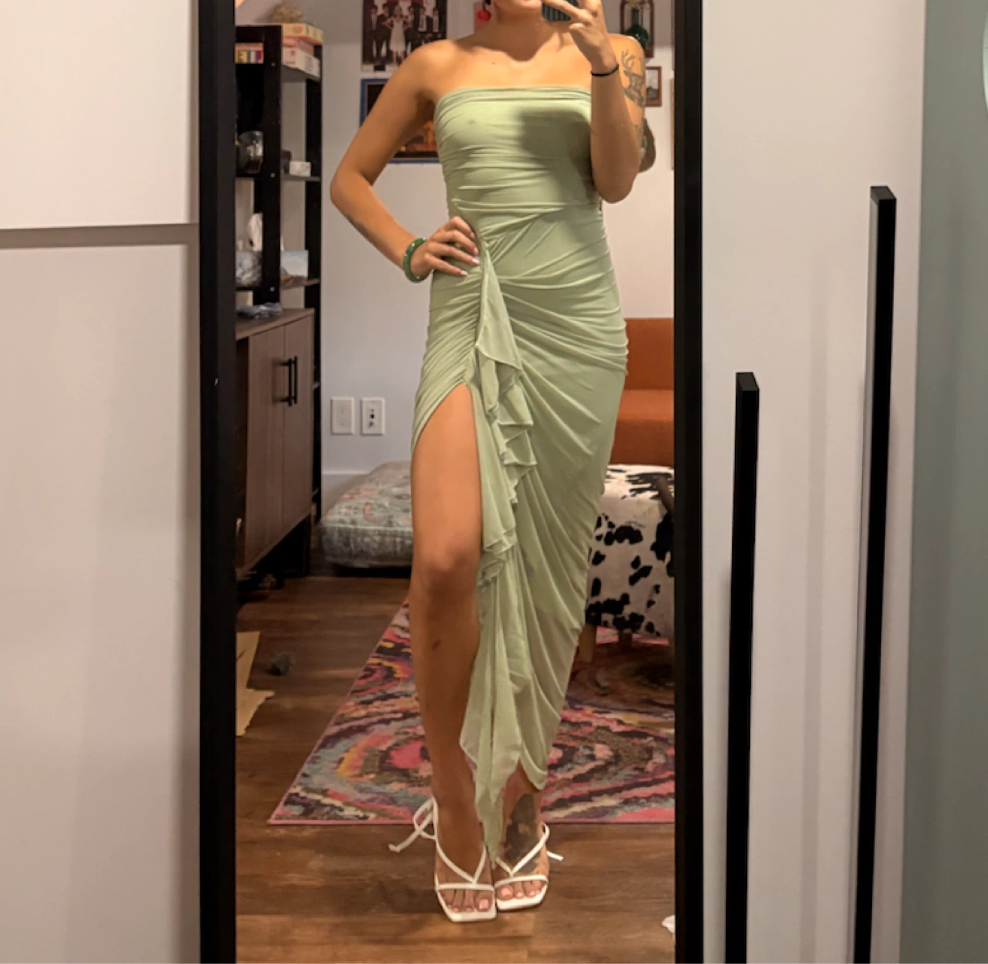 Sage Green Strapless Ruched Maxi Dress