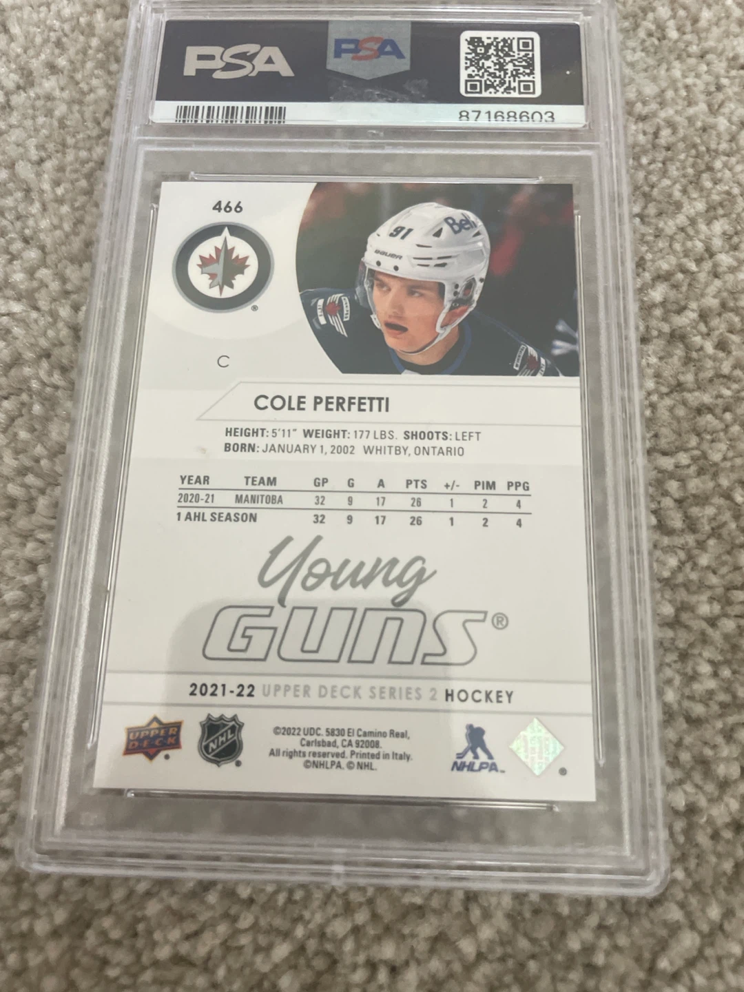 (PSA 9) 2021 Upper Deck Young Guns Cole Perfetti Hockey Card - photo 2