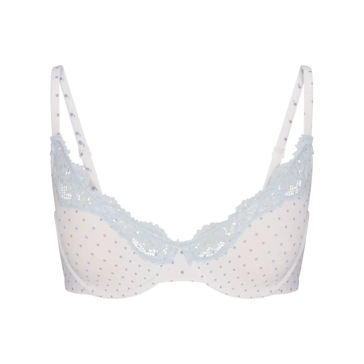 White Polka Dot Bra with Blue Lace Trim