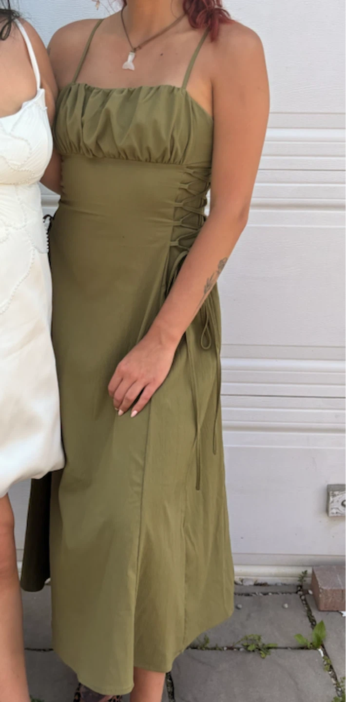 Olive Green Midi Dress with Lace-Up Sides - photo 2