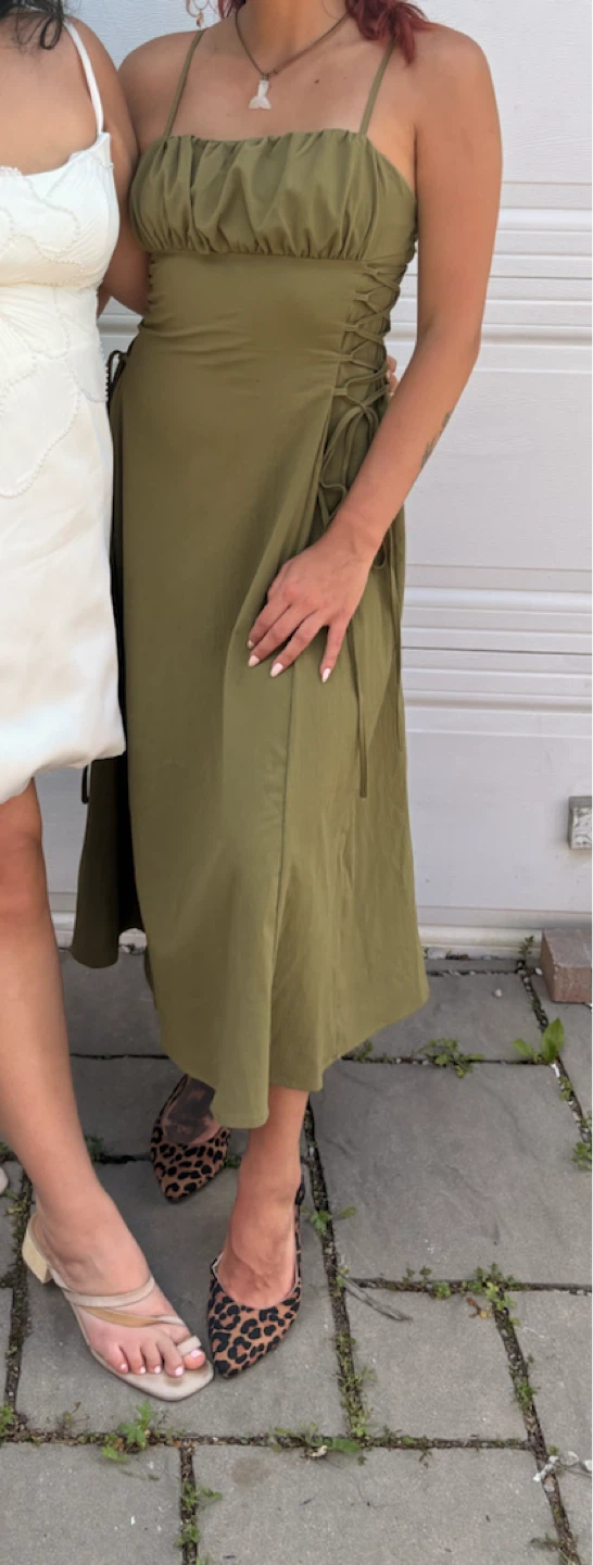 Olive Green Midi Dress with Lace-Up Sides