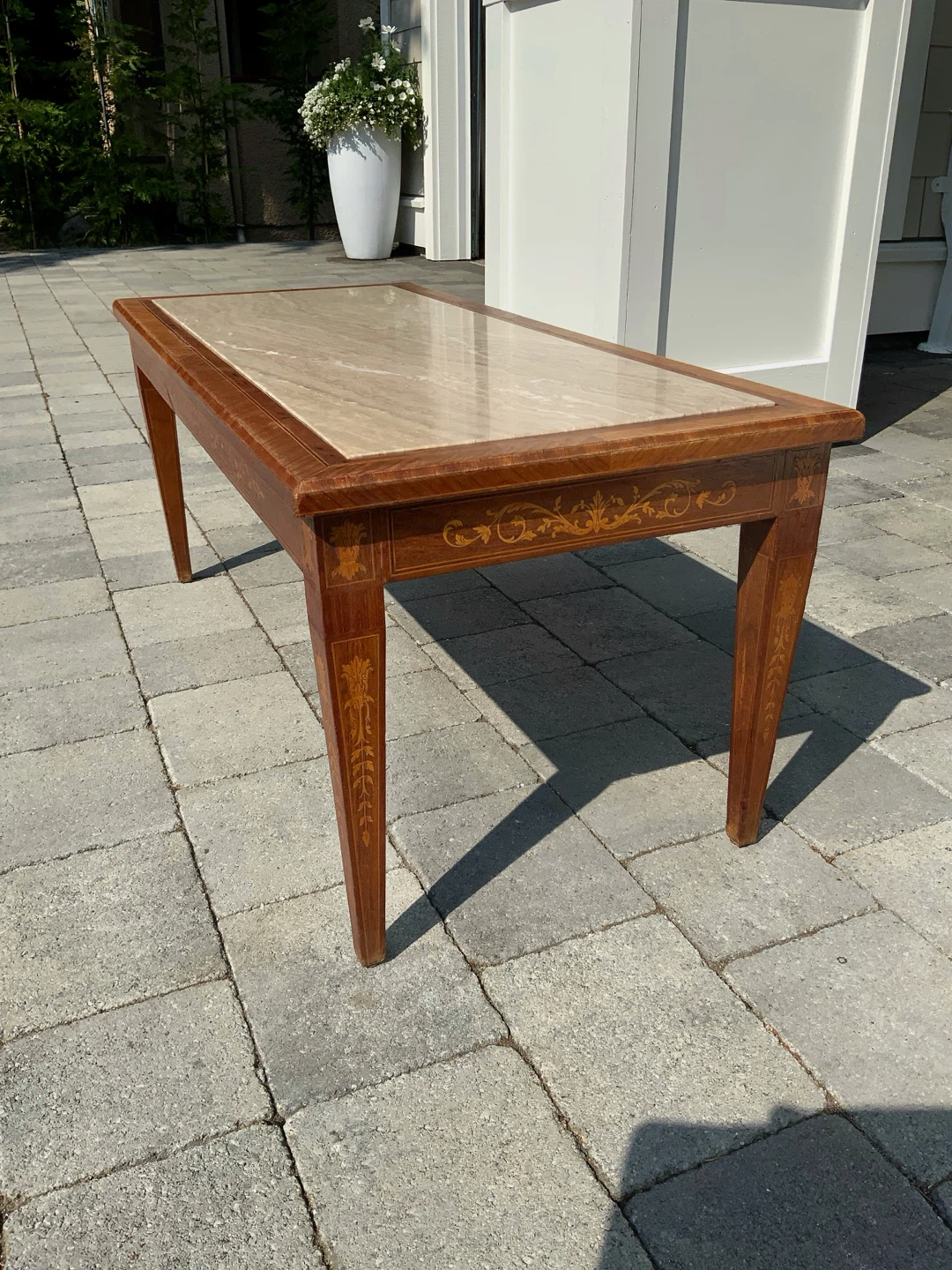 Beautiful French antique marble & satinwood inlay coffee table