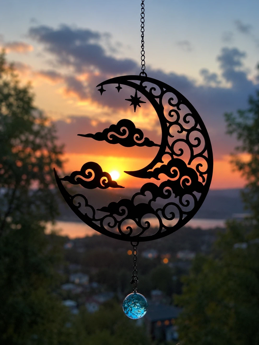 Crescent Moon & Cloud Hanging Decor with Glass Orb