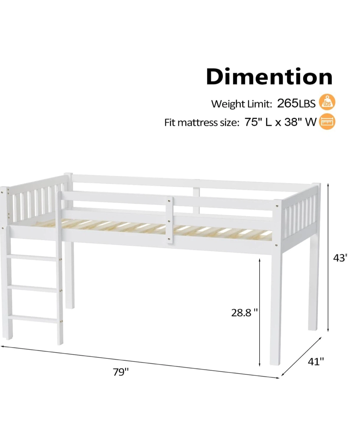 White Twin Loft Bed with Guardrail - photo 3
