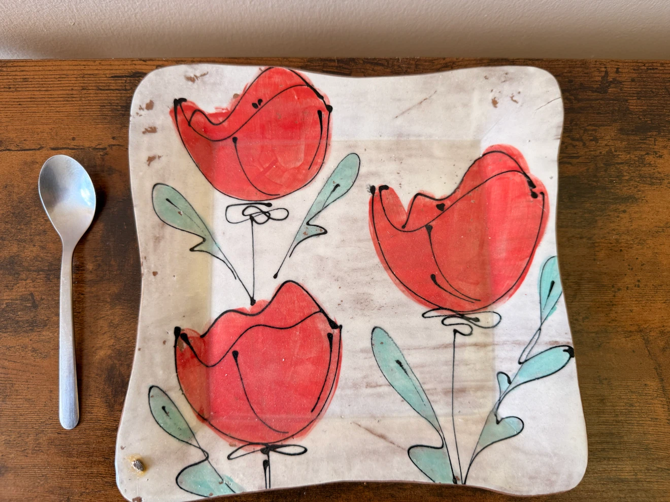 Hand-Painted Ceramic Dish with Red Flowers
