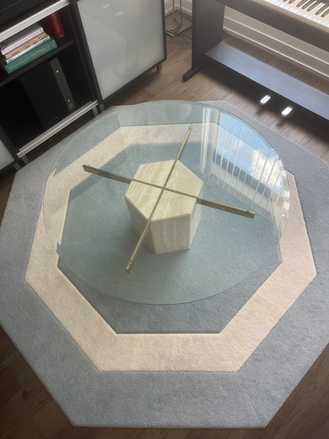 Glass Travertine Coffee Table and Rug