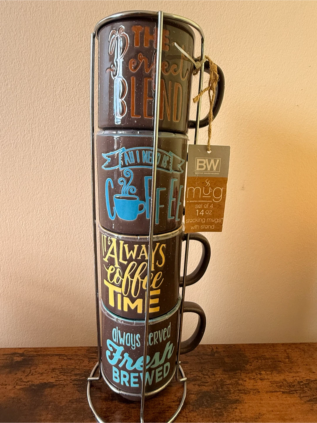 NEW Set of 4 Stackable Coffee Mugs with Stand