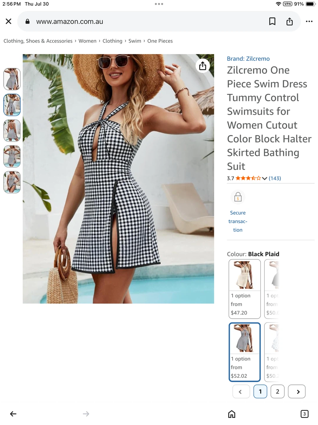 New S One Piece Swim Dress - Black Plaid