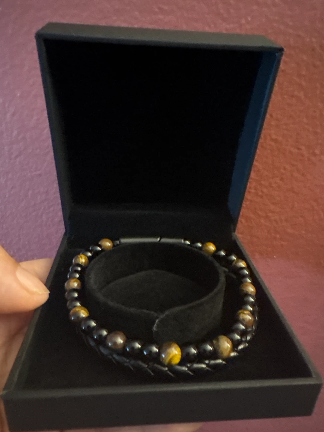 Genuine Braided Leather Bracelet with Tigers eye & Onyx Beads