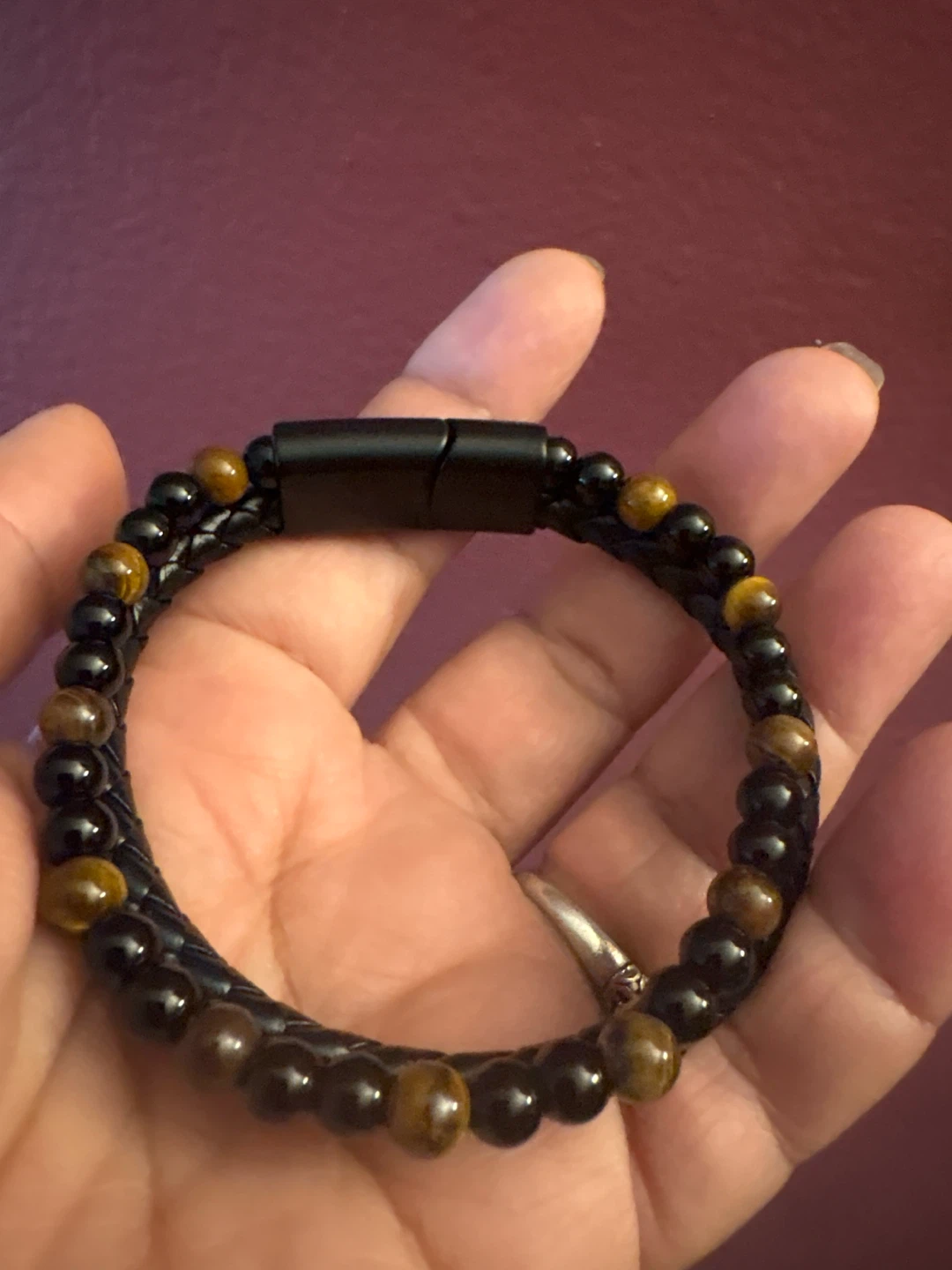 Genuine Braided Leather Bracelet with Tigers eye & Onyx Beads - photo 2