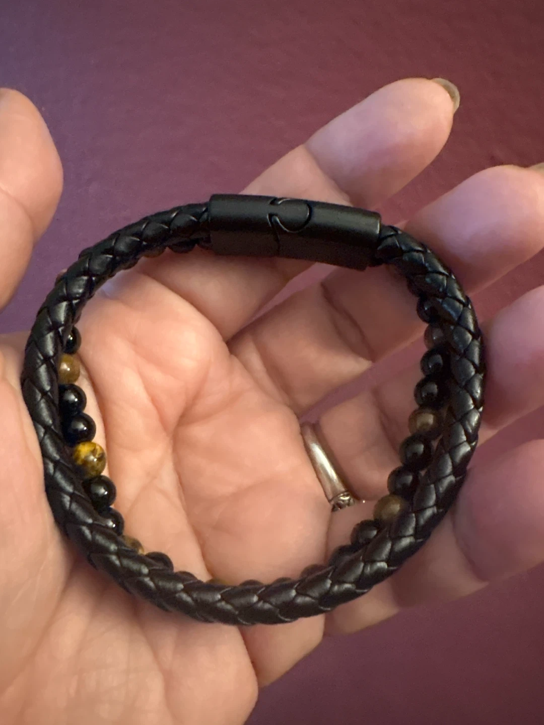 Genuine Braided Leather Bracelet with Tigers eye & Onyx Beads - photo 3