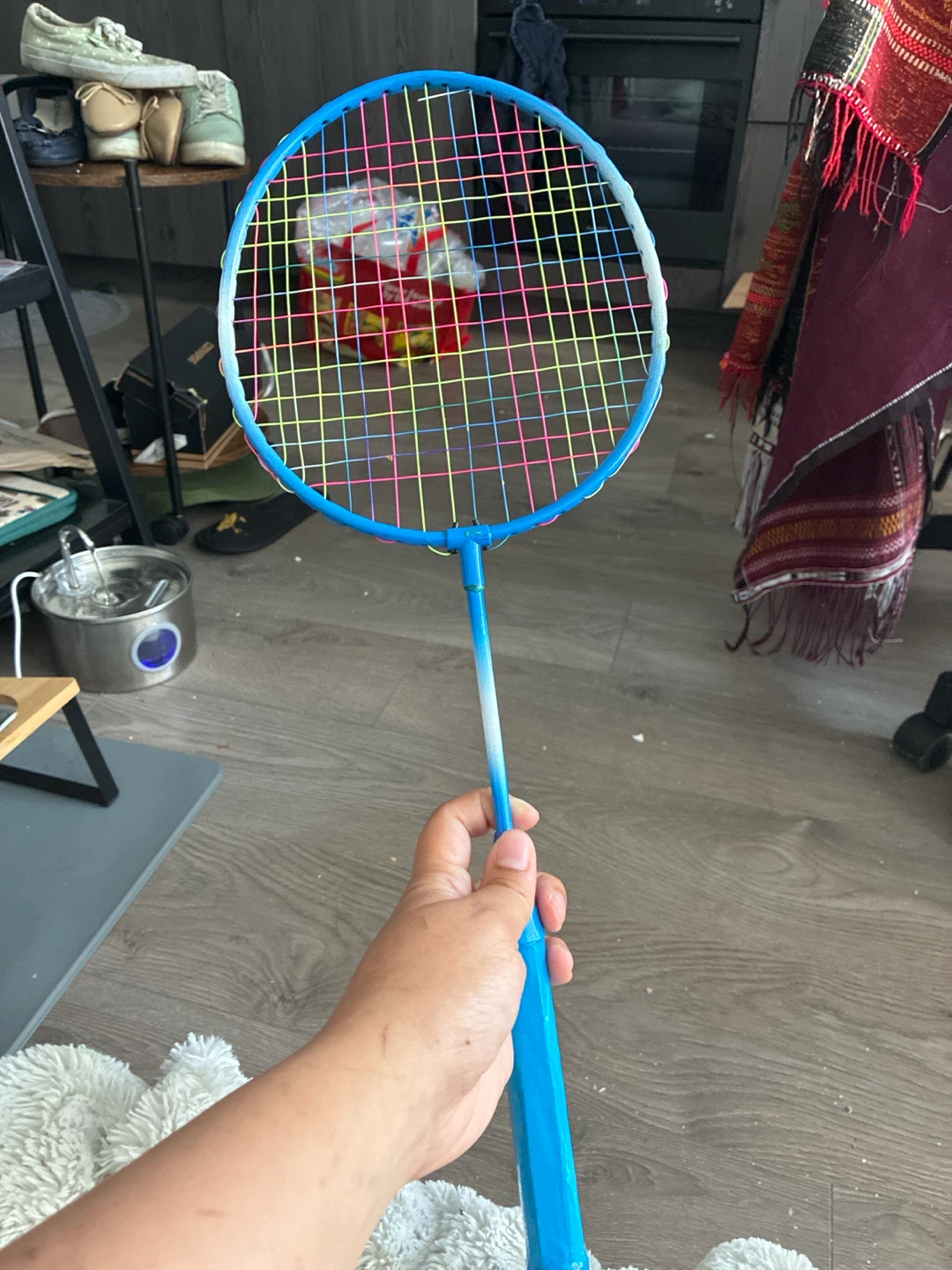 Blue Badminton Racquet with Rainbow Strings