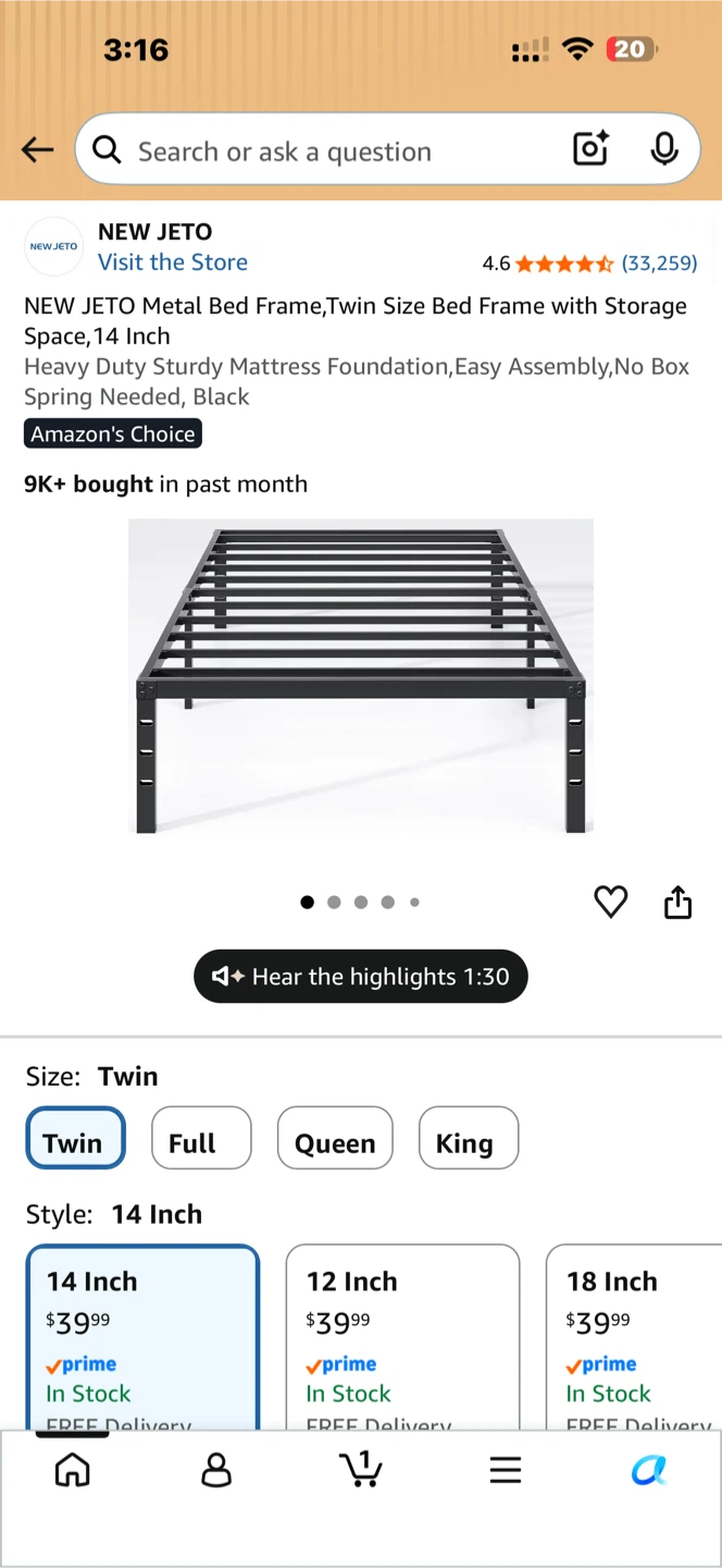 NEW JETO Twin Size Metal Bed Frame - 14 Inch Height