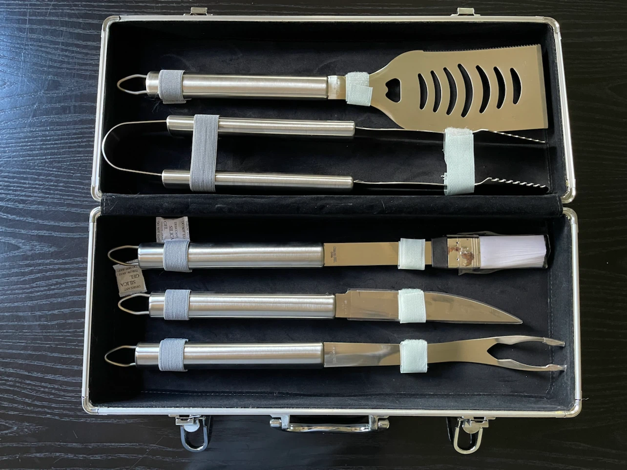 Four Piece Stainless Steel BBQ Set Spatula Tongs Knife Fork