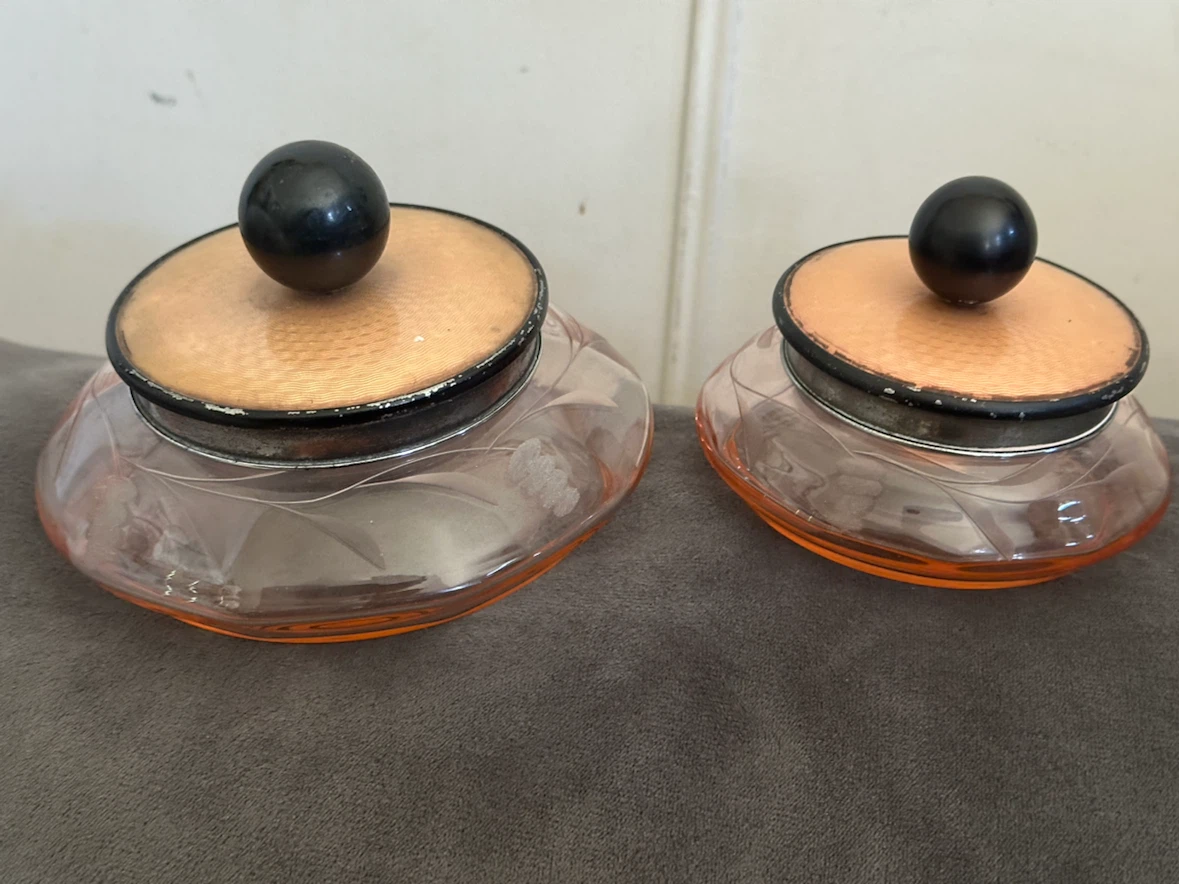Guilloche Enamel Etched Pink Depression Vanity Jars