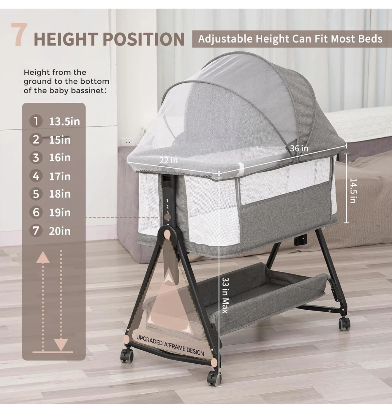 Adjustable Baby Bassinet with Mosquito Net - photo 2