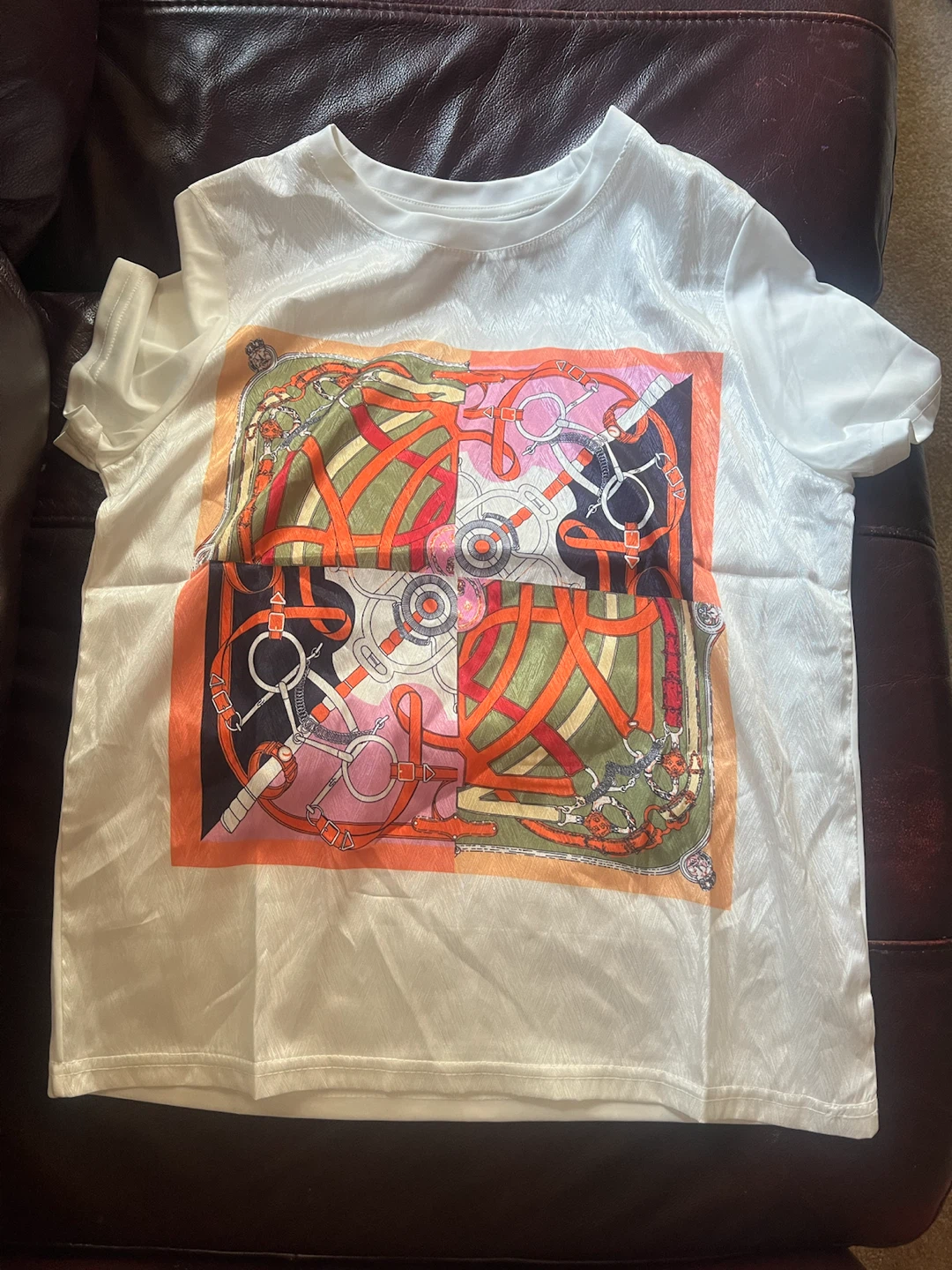 White T-Shirt with Colourful Scarf Print/ $30 for one each - photo 3