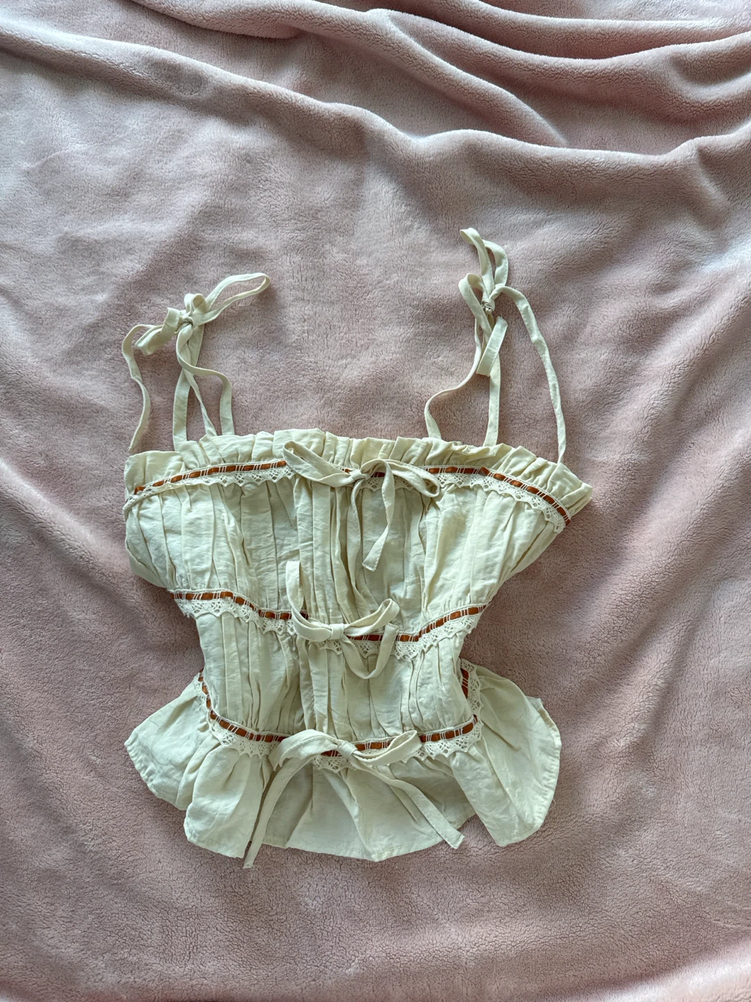 thirty & thirty cream smocked tie strap crop top