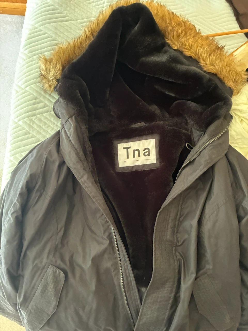 Tna Black Parka Jacket with Faux Fur Hood