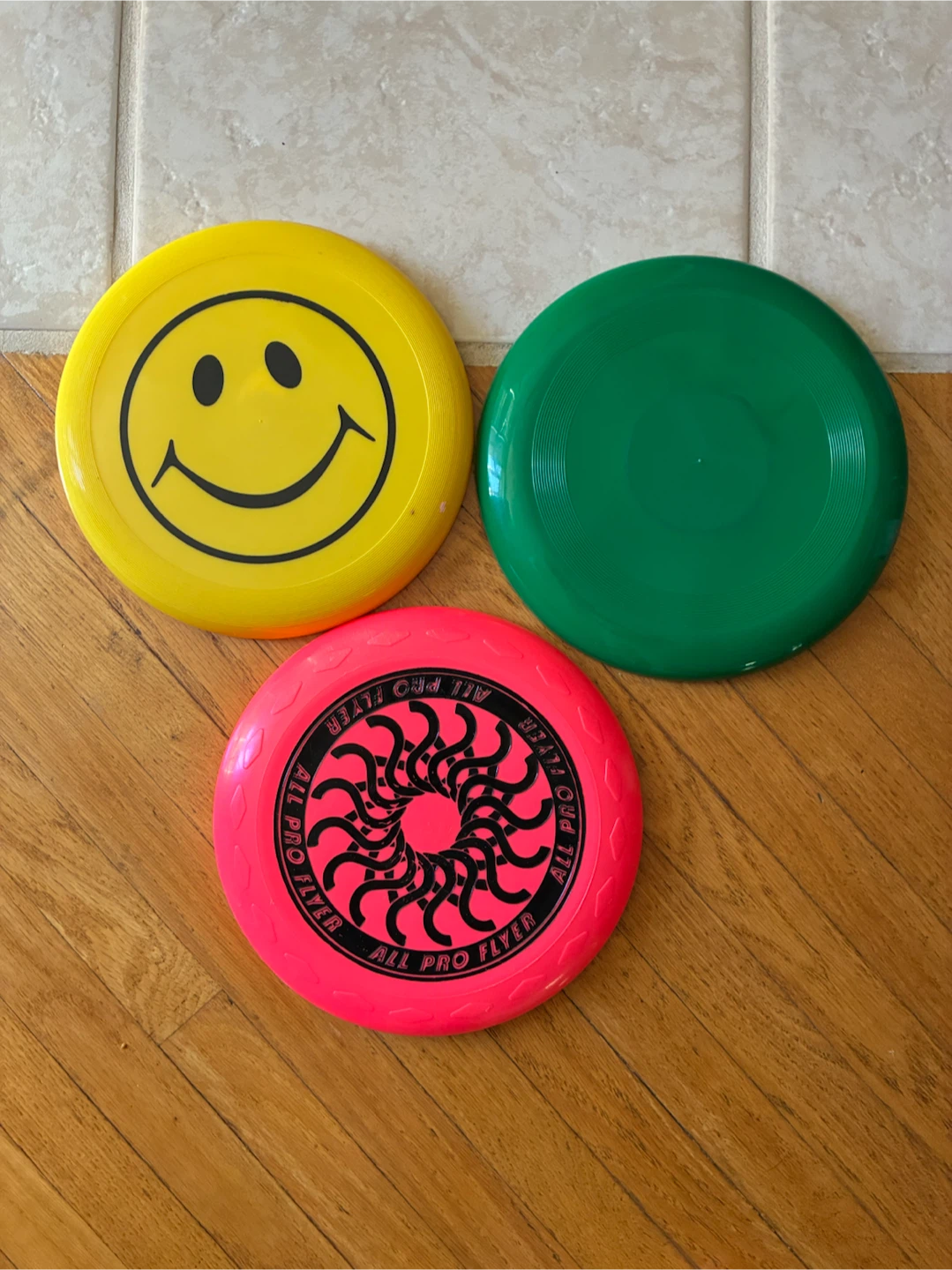Frisbees - Yellow Smiley, Green, Pink