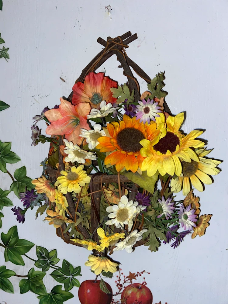 Faux Floral Hanging Basket with Sunflowers and Poppies