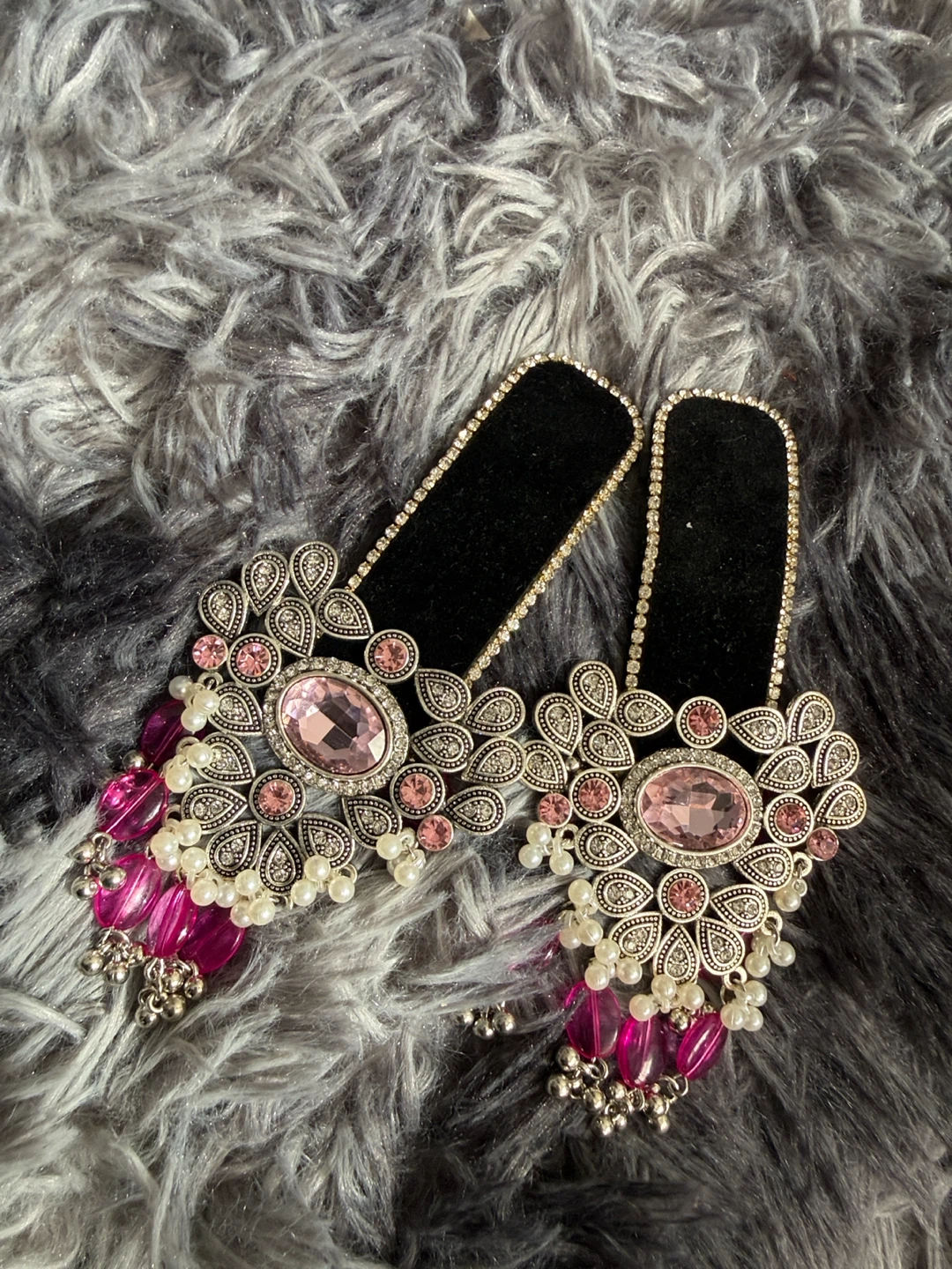 Silver and Pink Jhumka Earrings with Black Velvet
