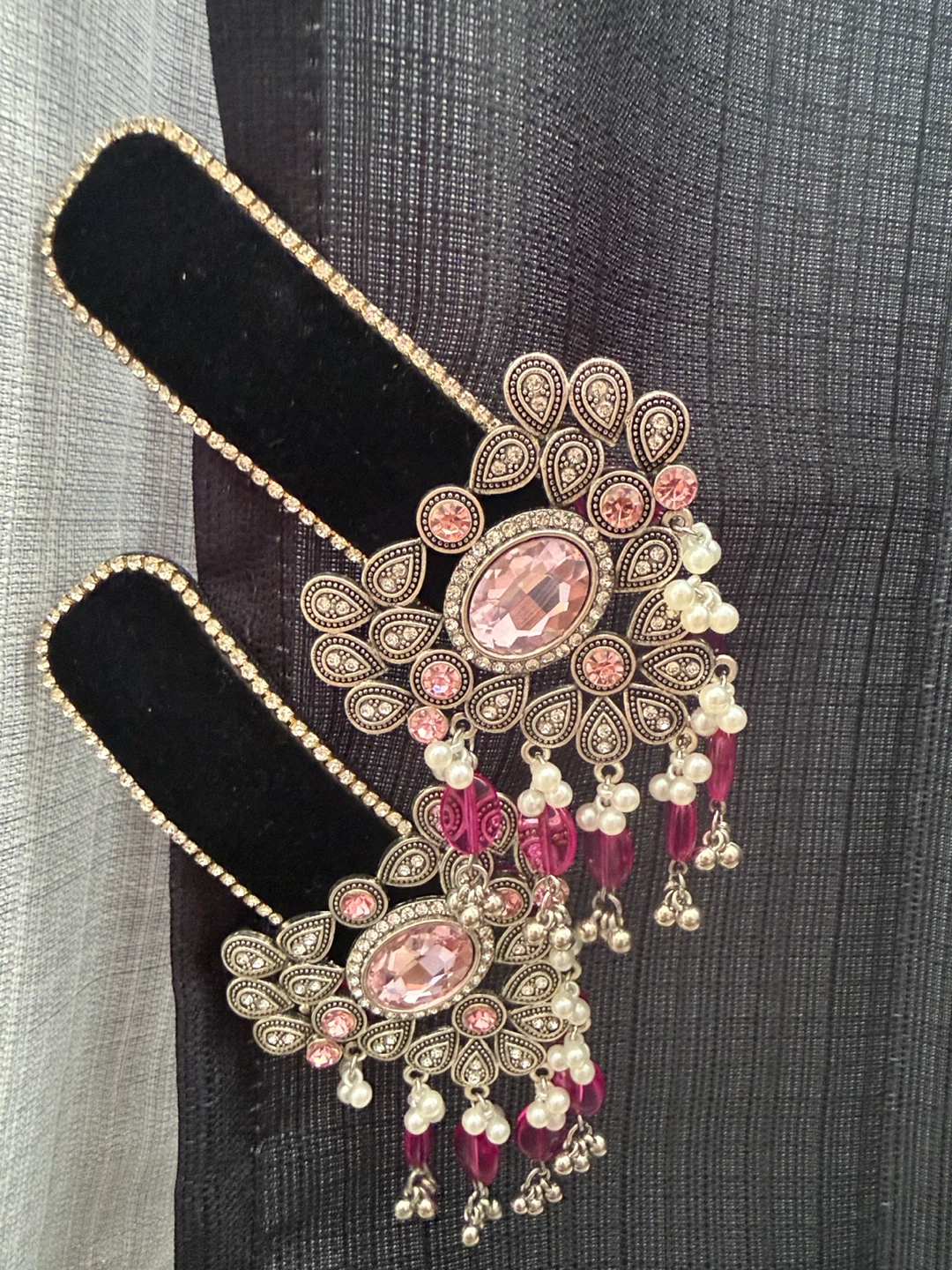 Silver and Pink Jhumka Earrings with Black Velvet - photo 2
