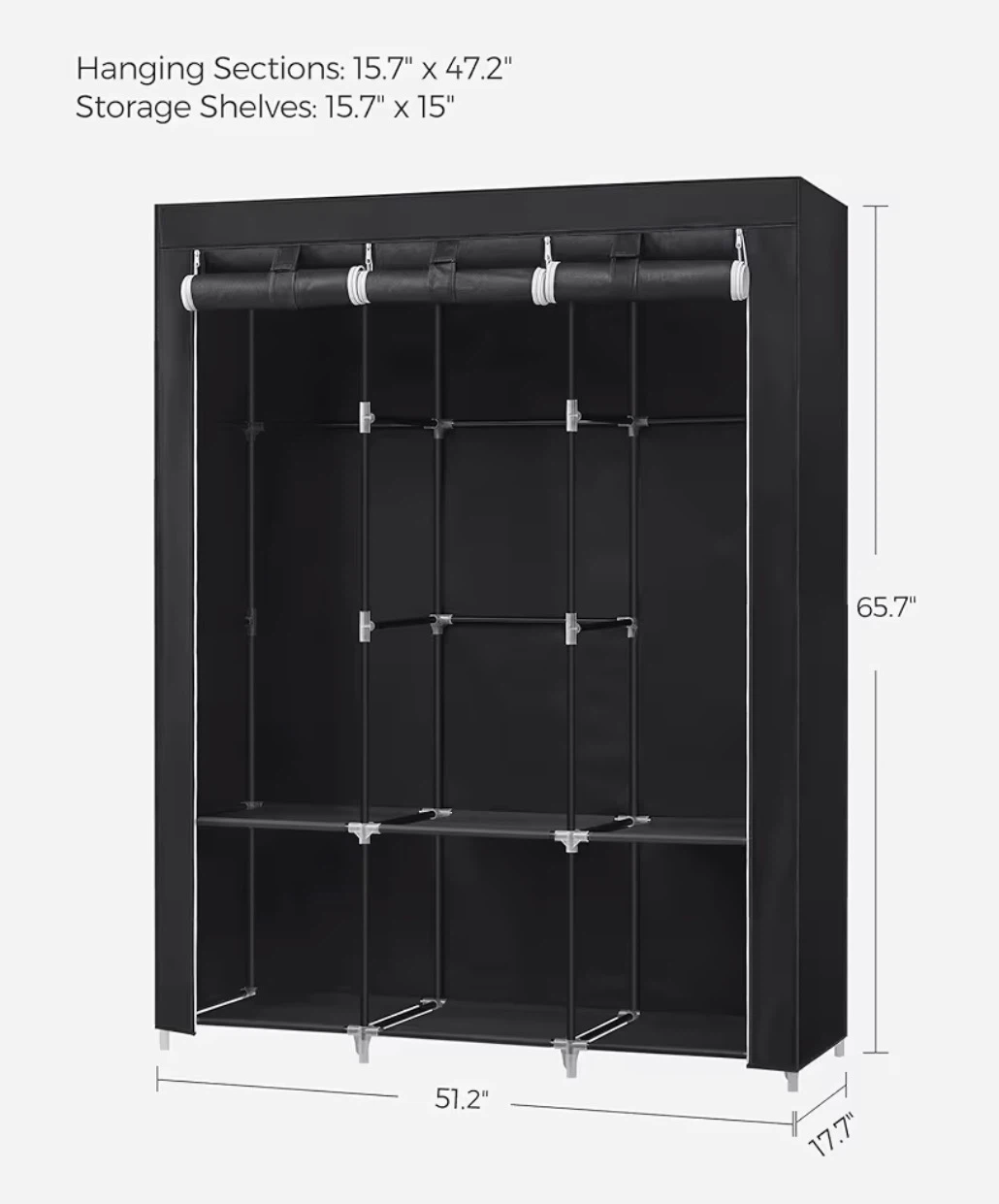 Black Portable Wardrobe with Hanging Sections and Shelves