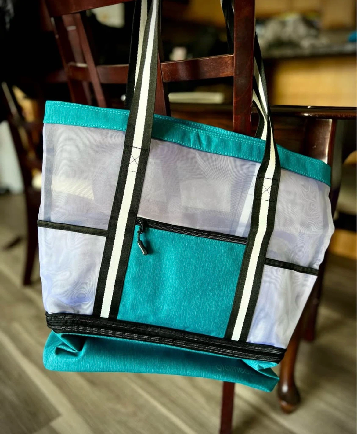 Turquoise Mesh Beach Tote Bag with detachable cooler bag