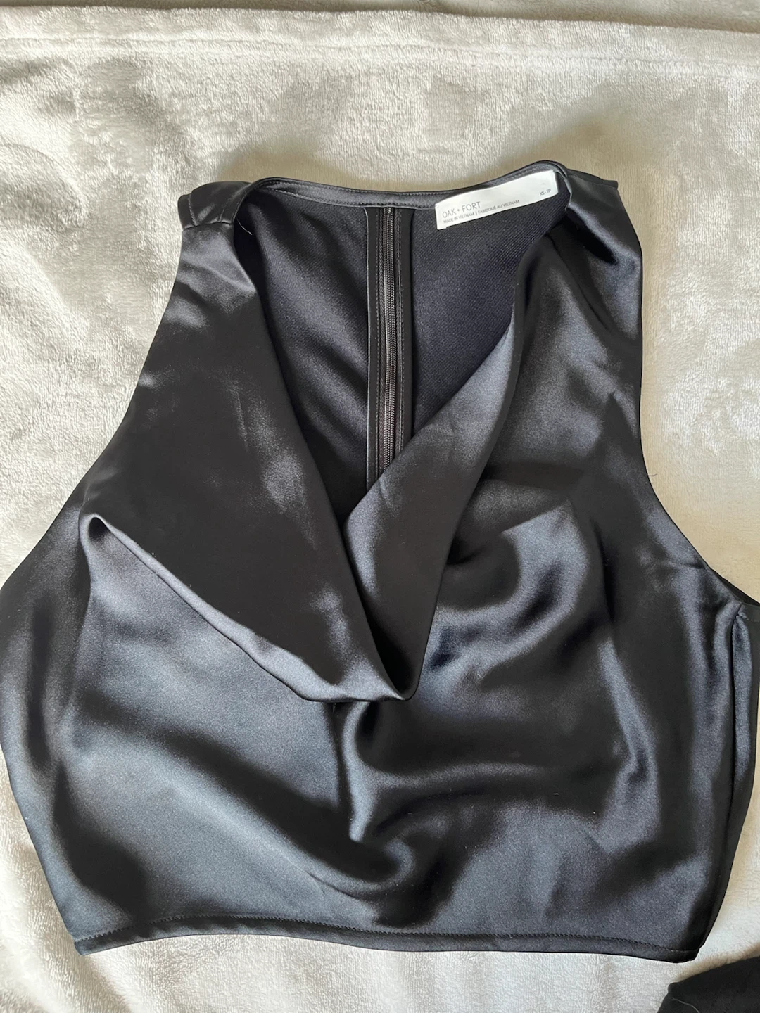 Oak + Fort Black Satin Cowl Neck Crop Top
